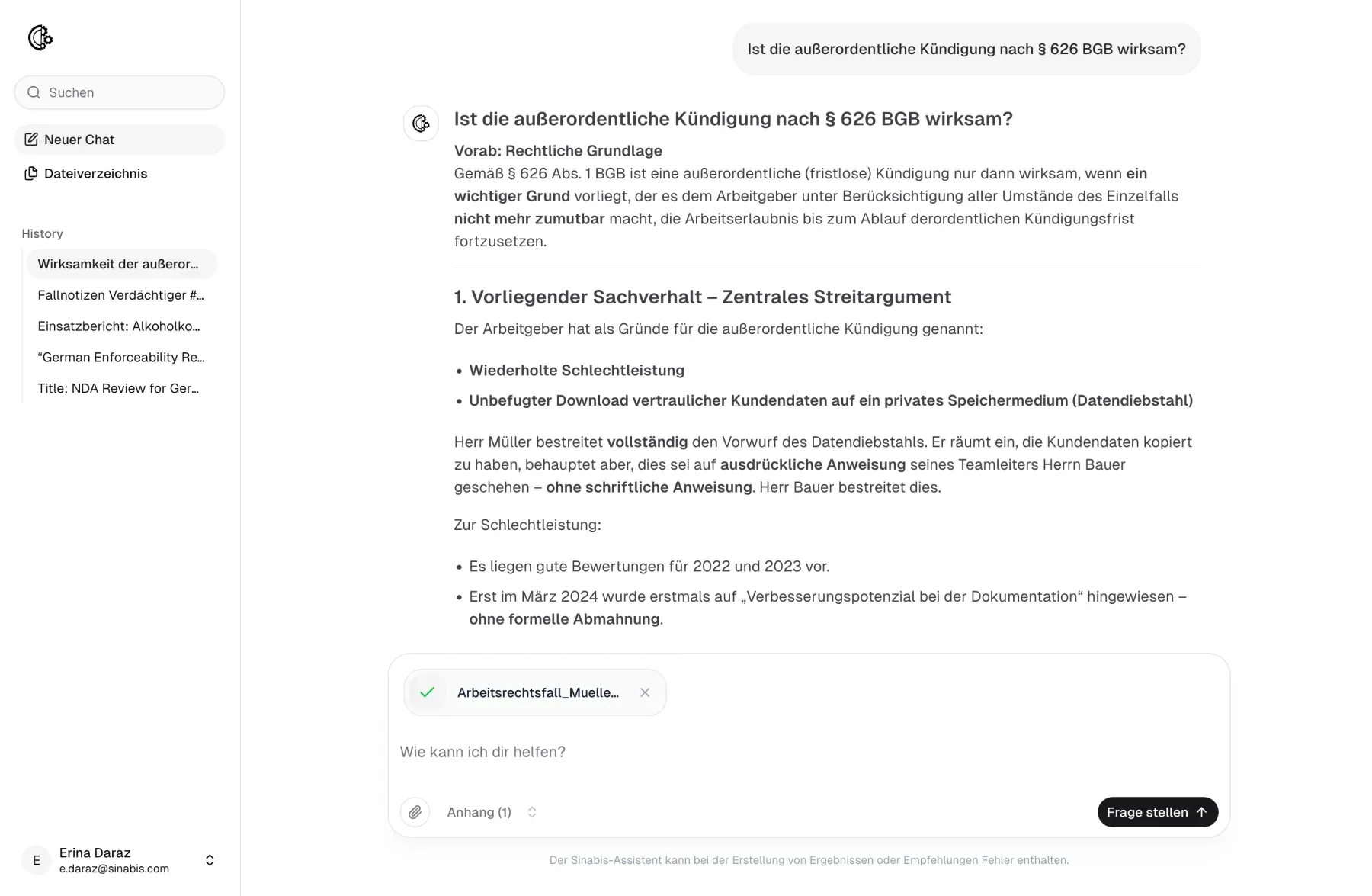 Sinabis Assistant – Interface mit Dokumentenanalyse